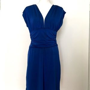 Silky, royal blue, sleeveless, plunged neck dress